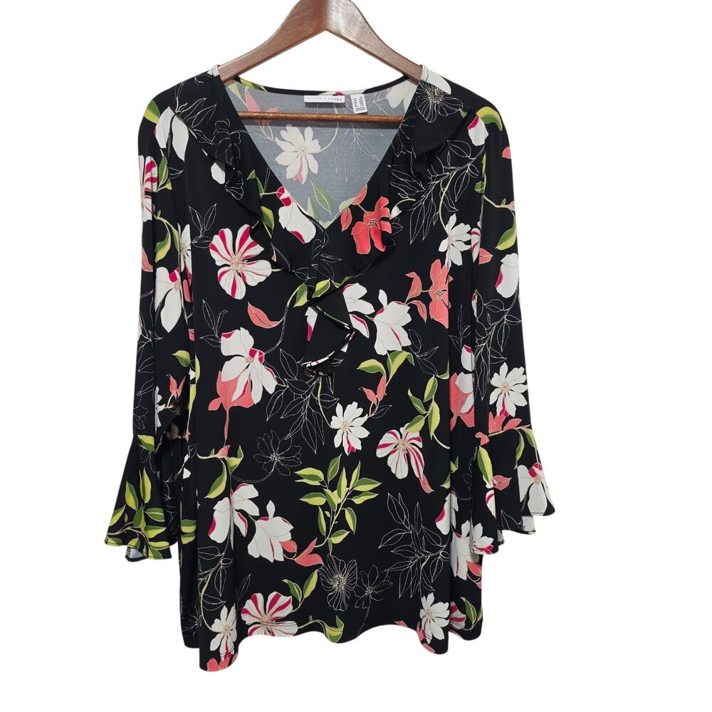 Susan Graver Liquid Knit Blouse Women's Size 2X Bell Sleeve Black Floral Boho - Picture 2 of 10